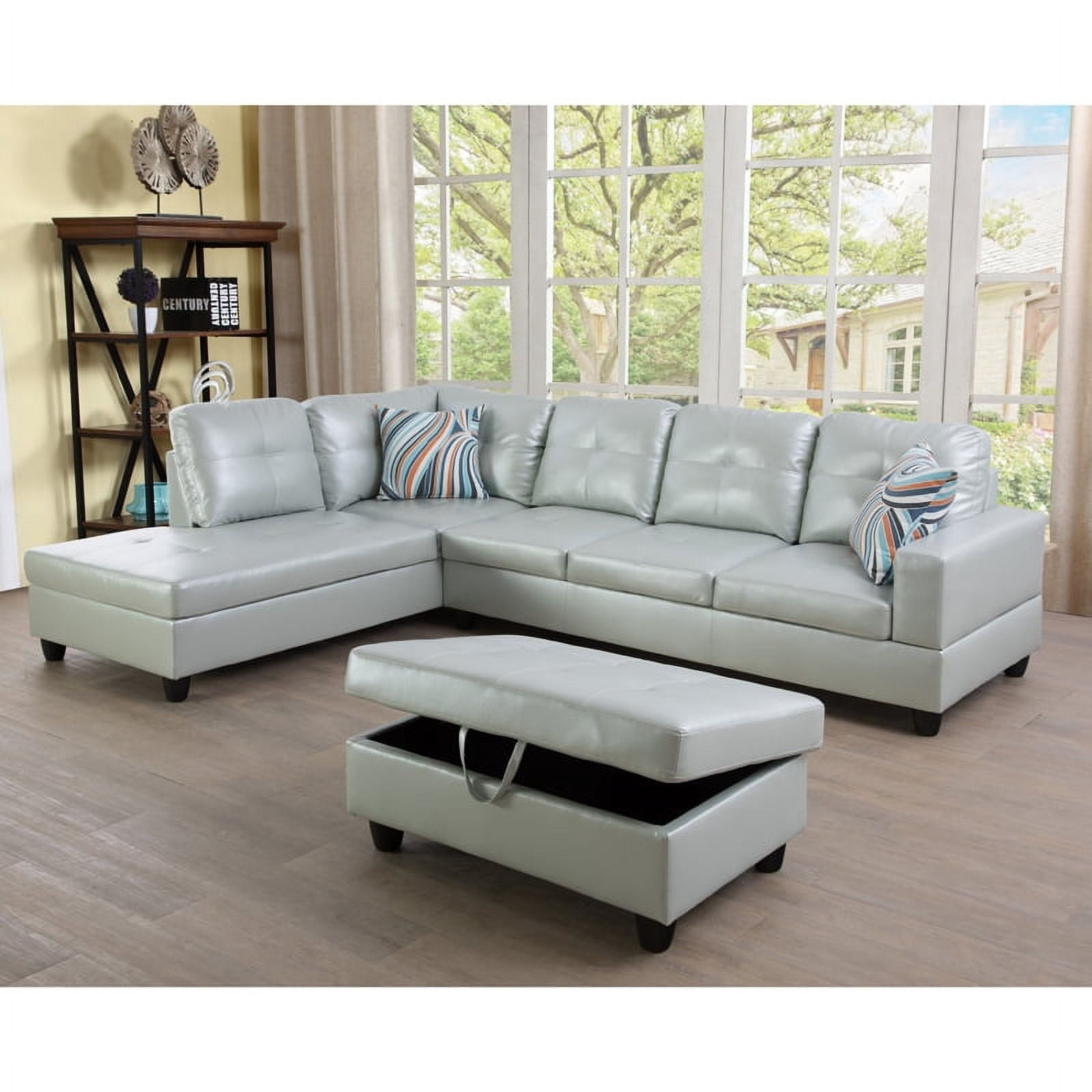 Irene Inevent 3-Piece Leather Sofa Set, Semi PU Synthetic Leather Couch Living Room Sofa Set for Bedroom, Apartment, Office, Silver Green