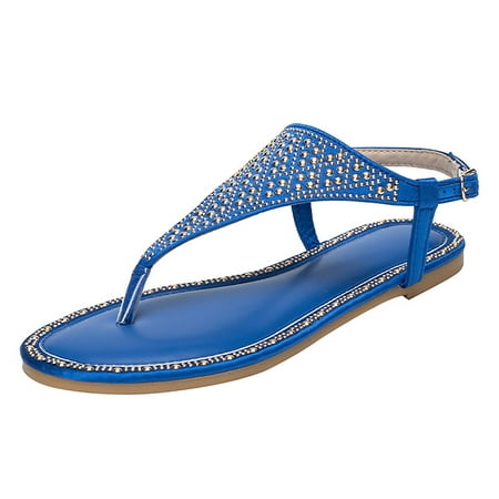 

Larisalt Sandals For Women Dressy Summer Womens T Strap Sandals Fashion Rhinestone Flat Sandal with Ankle Strap for Ladies Summers Dress Sandals Casual Woman Flip Flops Beach Blue