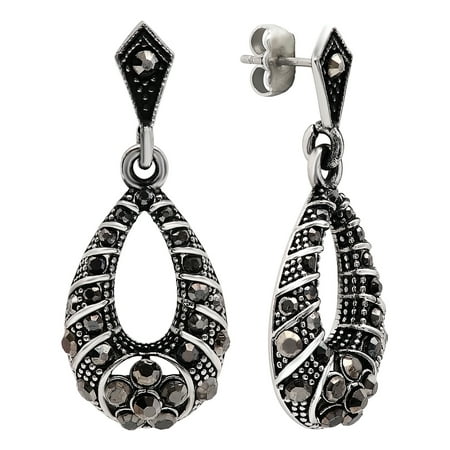 Women S Stainless Steel Drop Earrings With Black Stone Accents Women S Stainless Steel Drop Earrings With Black Stone Accents