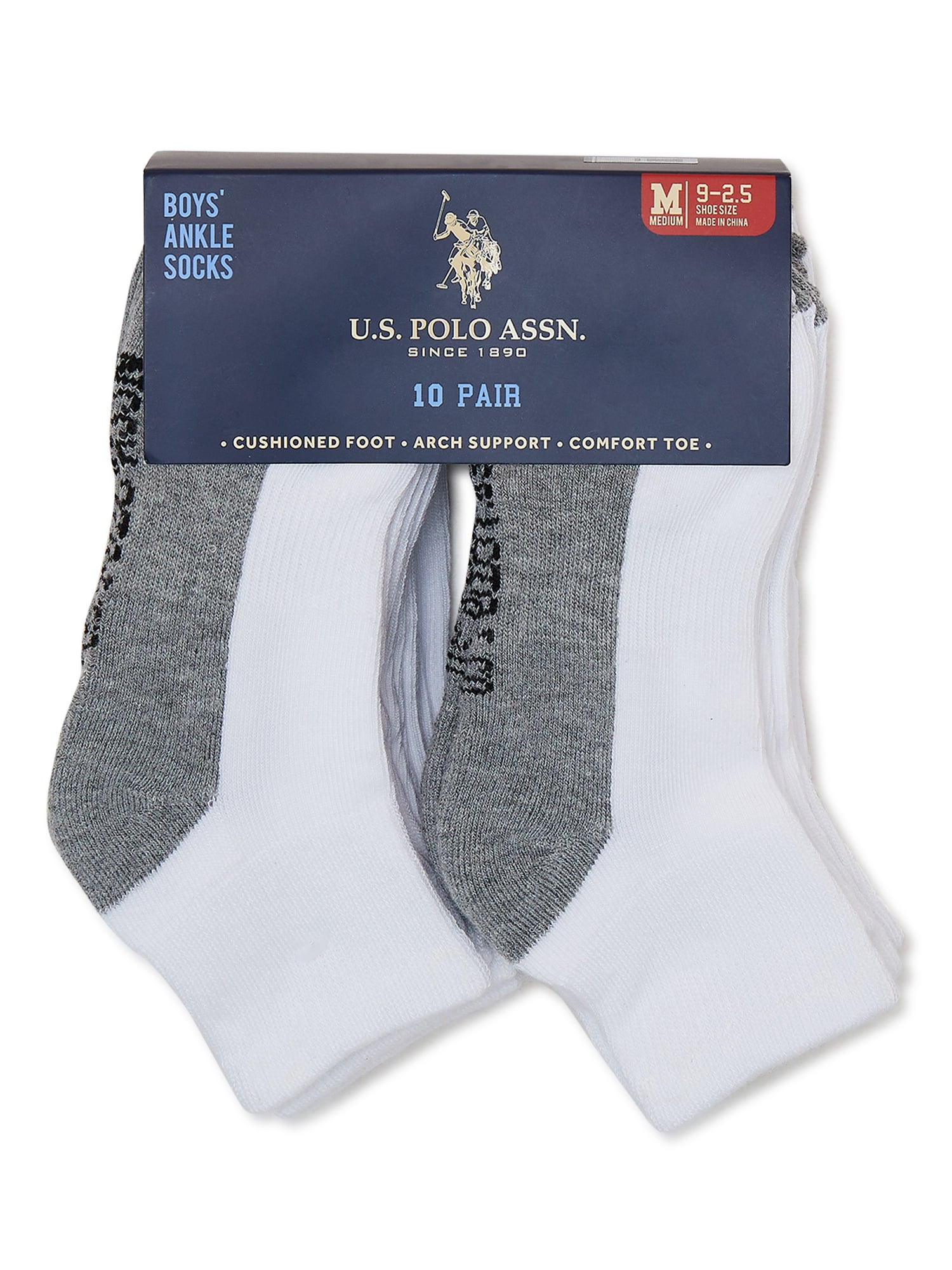 U.S. Polo Assn. Boys Ankle Socks, 10-Pack, Sizes S-L