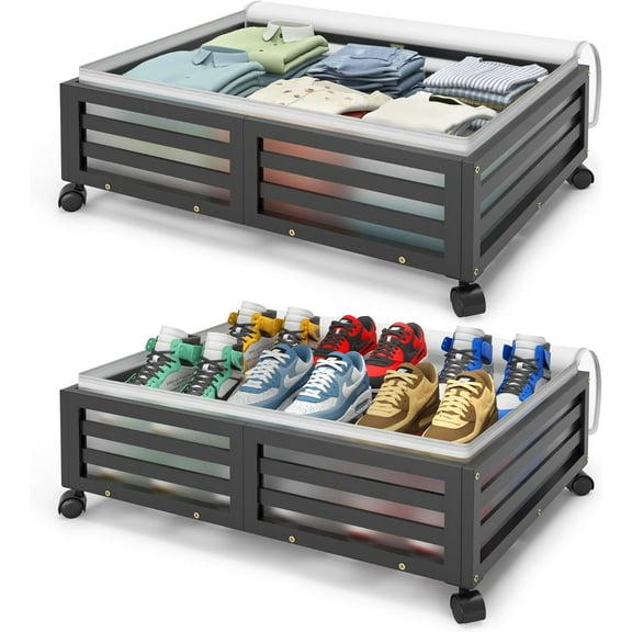 Under Bed Storage with Wheels-Large Bamboo Underbed storage Containers with Large Dust Bag Stackable Under the Bed Shoe Storage Bins for Clothes Books Bedding (2 Packs Black, 23.62"L×16.54"W× 6.51"H)