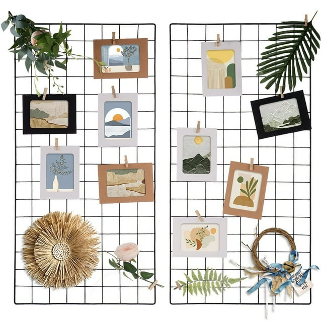 2 Pcs Wall Grid Panels, Wire Wall Grid Shelves with Photo Frames, Clips, Hooks, and Hemp Rope, Wall Hanging Display Grid Holders, Wall Decor Storage Organizers, Metal Wire Memo Boards