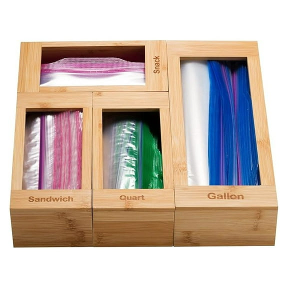 BNHHYYNB Bamboo Bag Organizer for Kitchen - 4 PC Drawer Dividers & Food Storage, Gallon, Quart, Snack, Sandwich Bag Holder