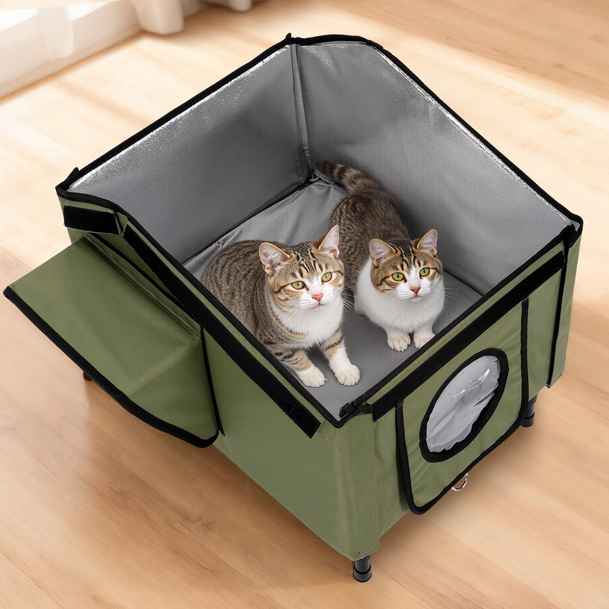 Heated Cat House Outdoor, DOMIPET Waterproof Large Insulated Winter Cat Shelter with Heating Pad for Multiple Cats Small Animals, Elevated Base, Escape Door & Roof Window