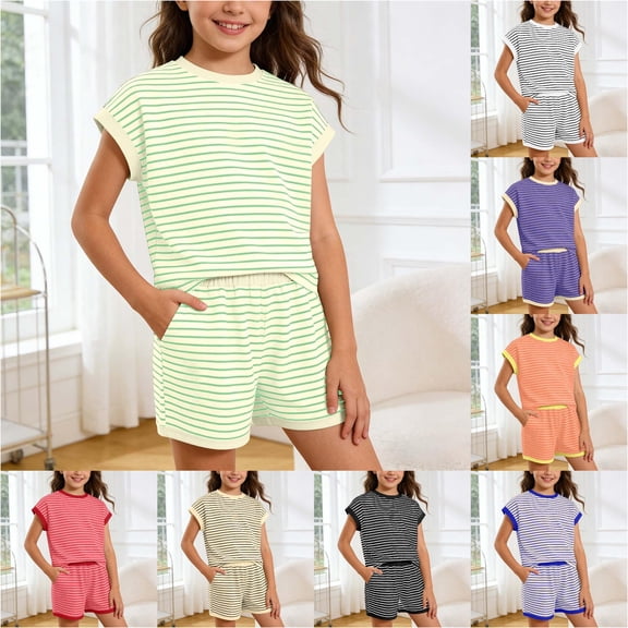 Trendfront Girls Stripe Print Outfit Set Crew Neck Short Sleeve Shirt Summer 2 Piece Casual Fashion Shorts Set for Girls 5-14 Years Clothes Set