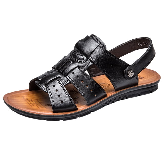 DPTALR Men's Breathable Leather Beach Sandals Shoes Slides Outdoor Slippers