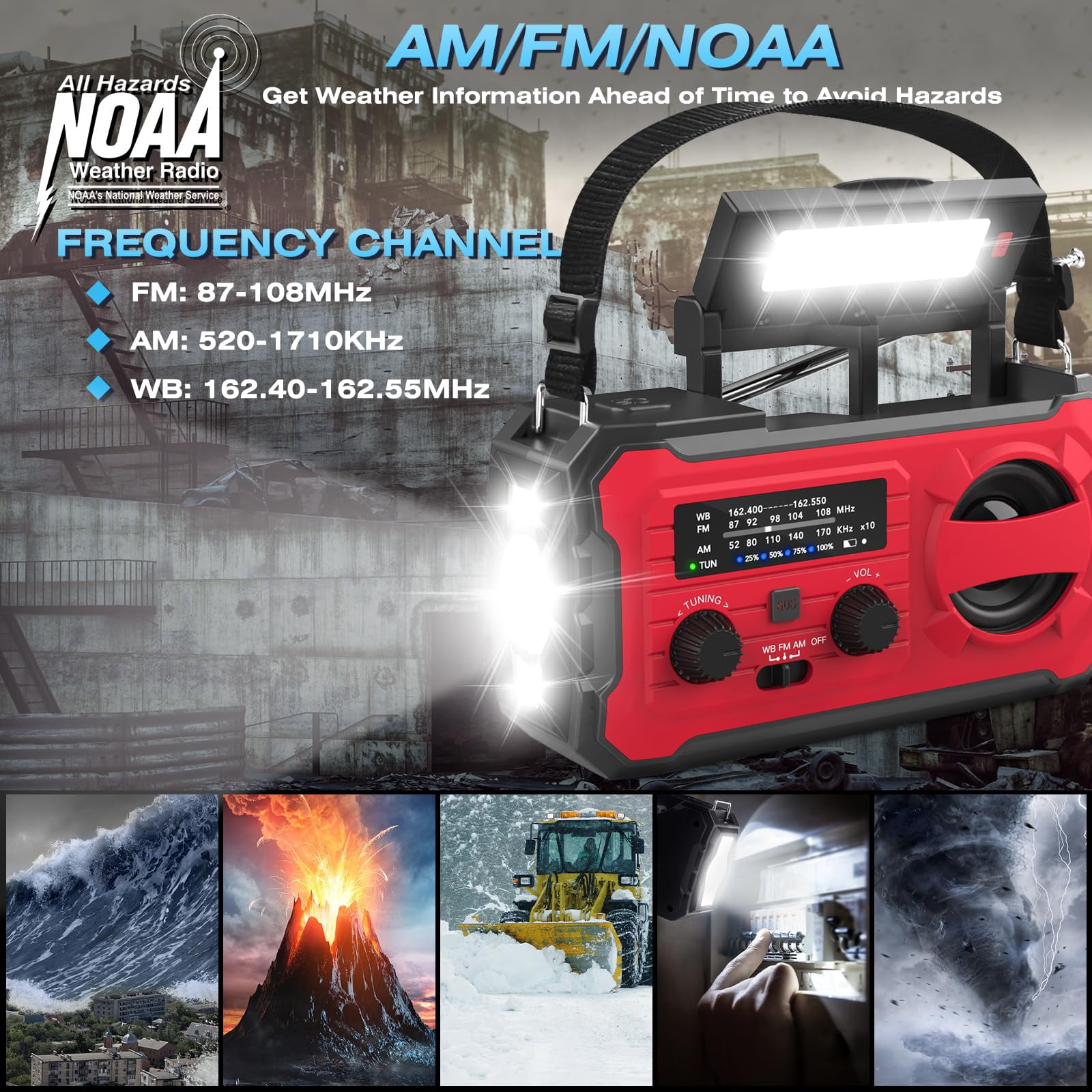 10000mah Emergency Radio  Noaa Weather With Am/fm 37000mwh Rechargeable Phone Power Usb/solar/hand Crank Charging Led Flashlight Sos Alarm Reading Lamp For Indoor/outdoor Emergencies