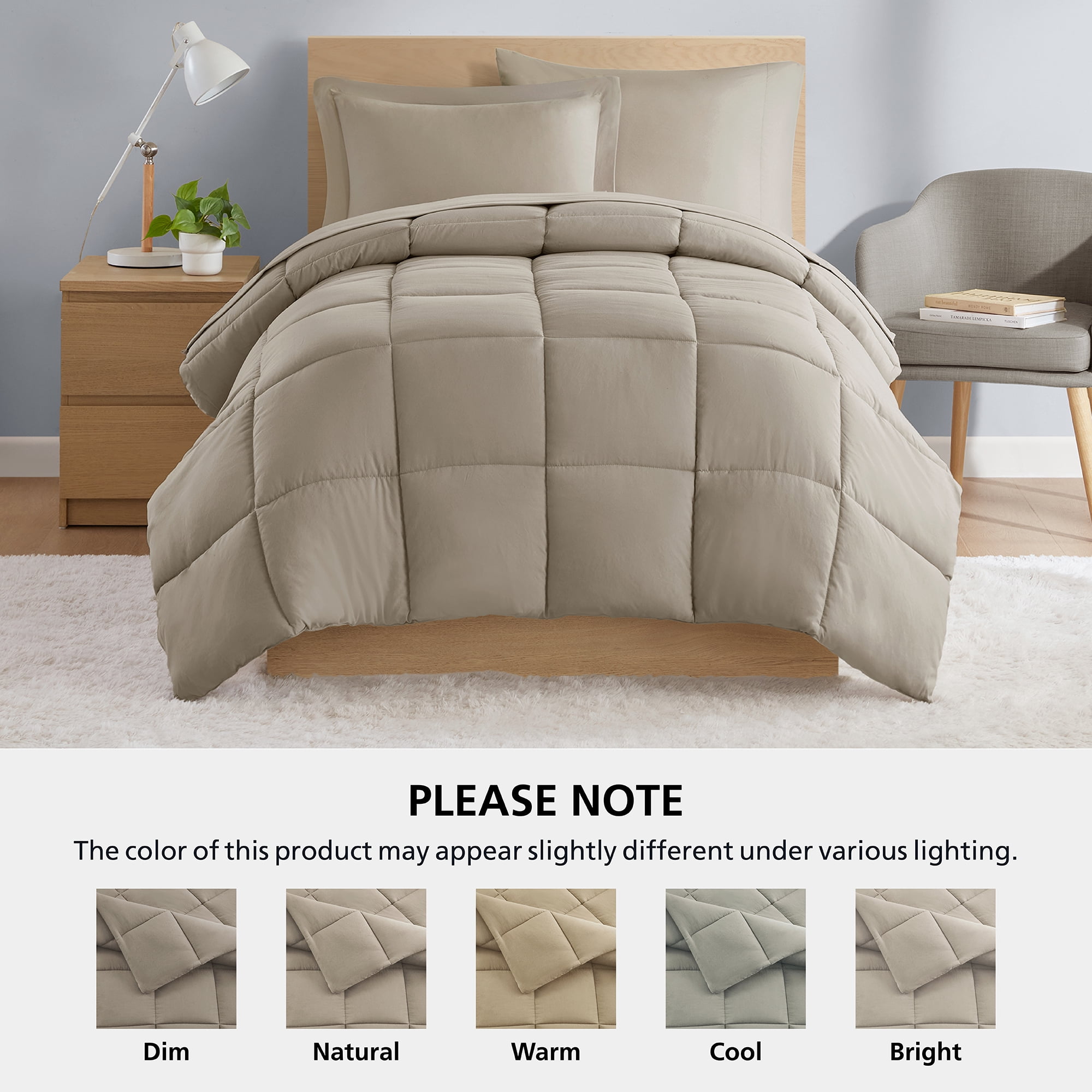 Mainstays All in One Down Alt Reversible Comforter and Sheet set- 5 Piece, Twin, Stone