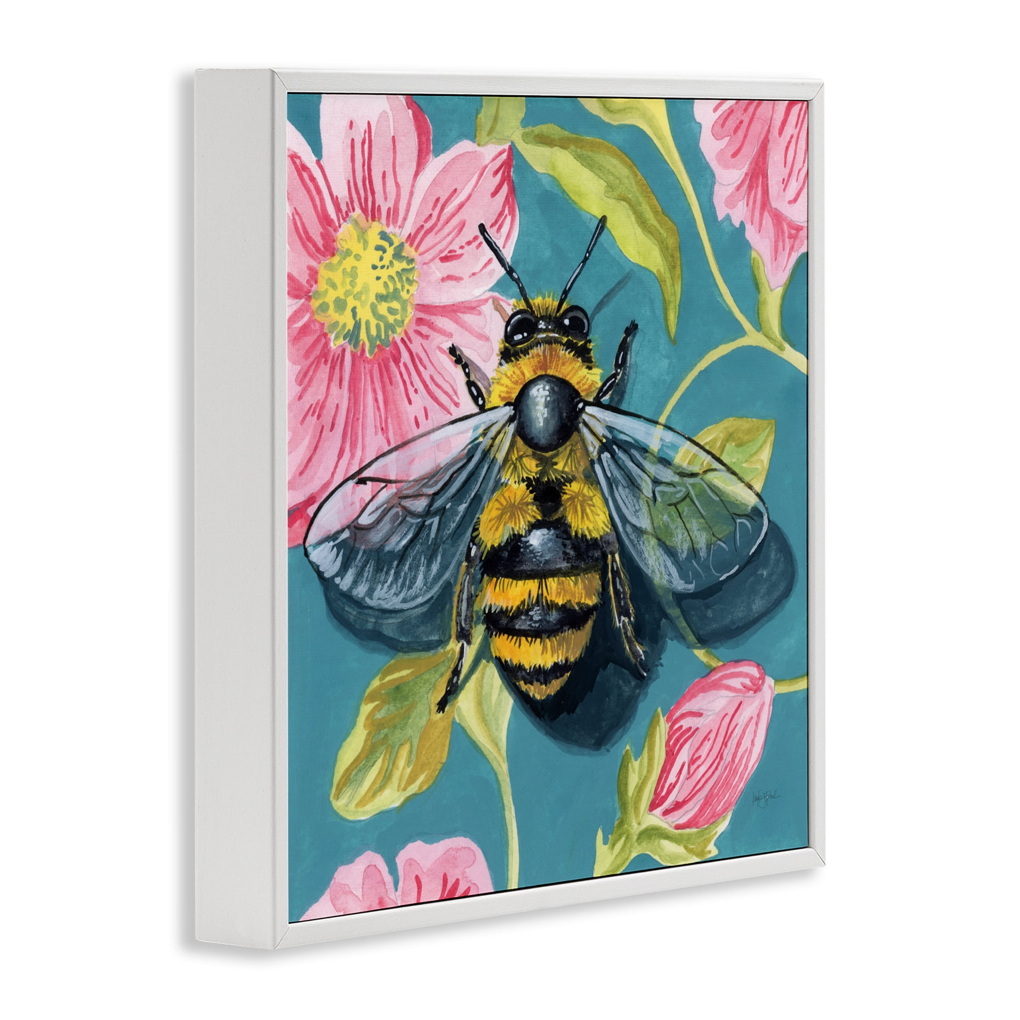 Stupell Industries Fuzzy Bee On Floral Pattern White Framed Giclee Art, design by Kate Jarvik Birch