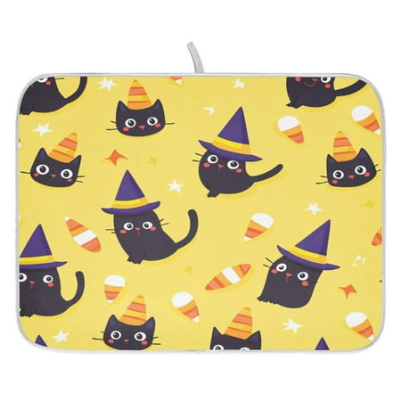 

Yellow Background with Black Cat Dish Drying Mat for Kitchen Quick Drying Absorbent Soft Durable 18 x 24