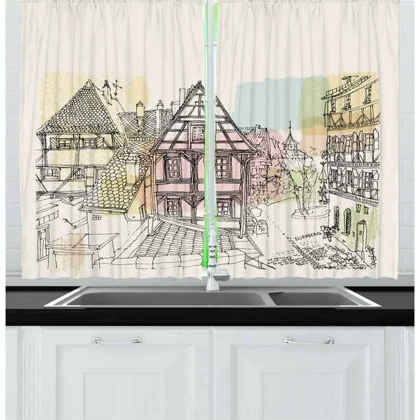 German Curtains 2 Panels Set, Historic Traditional Scene Nuremberg