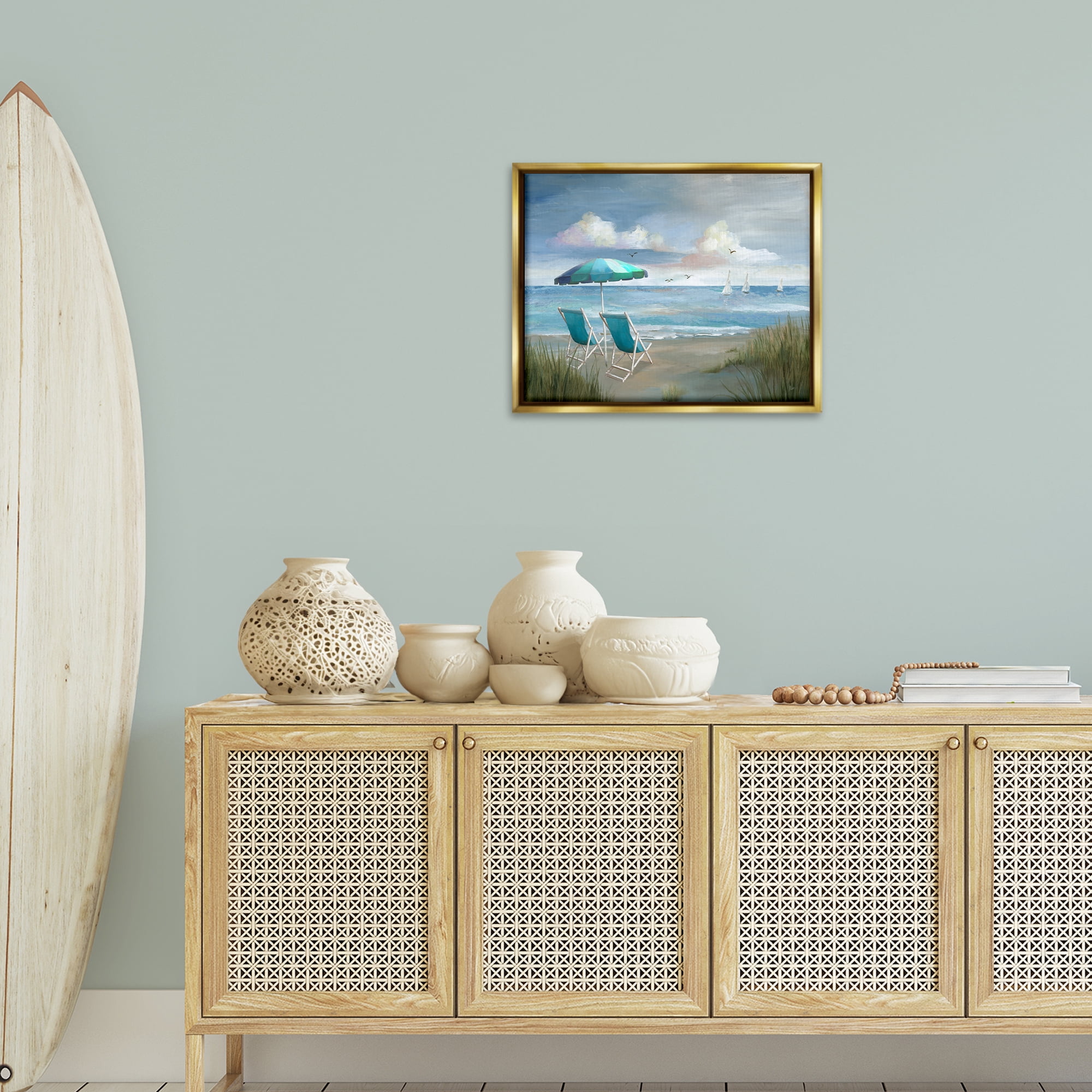 Stupell Industries Seagulls over Calm Beach Nautical & Beach Painting Gold Floater Framed Canvas Art Print Wall Art, 21 x 17