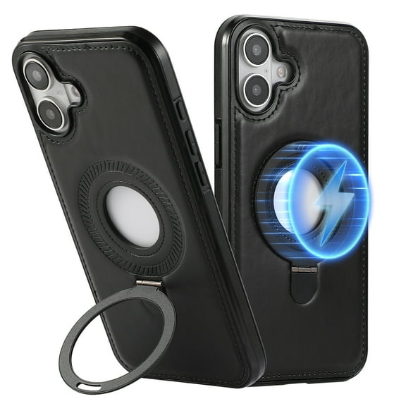 Dteck Magnetic for iPhone 16 Leather Case with Invisible Stand, Compatible with MagSafe, Slim Kickstand Phone Cover for iPhone 16,Black