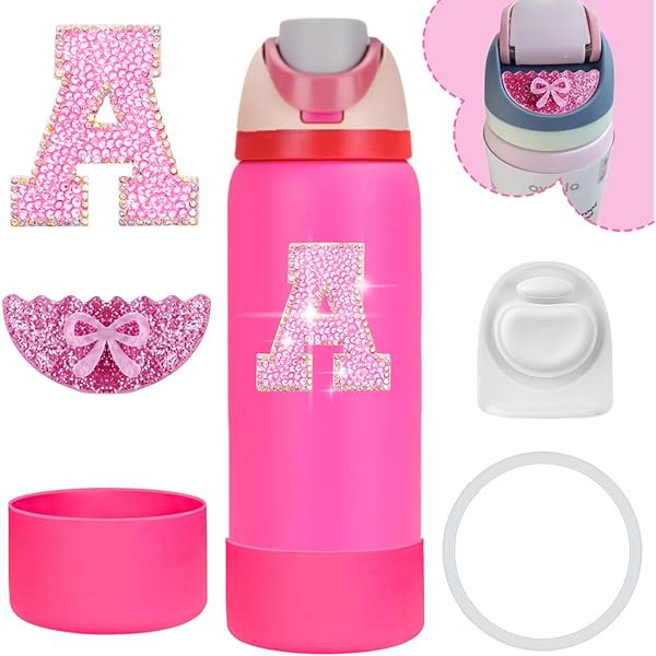 wonima44 Pink Accessories Set Compatible with Owala Water Bottle, Includes Silicone Boot, Replacement Stopper, Seal Ring, Lid Decoration Plate, Sticker Compatible with Owala Free Sip 24oz&32oz