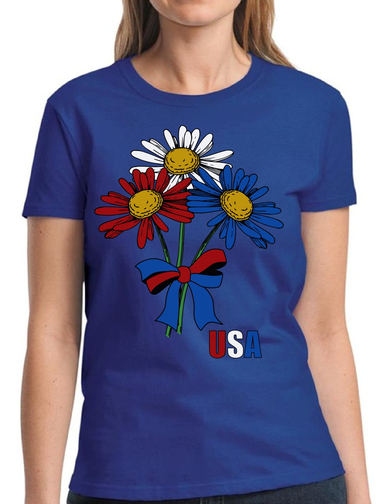 USA Flag Flowers Graphic Tees for Women 