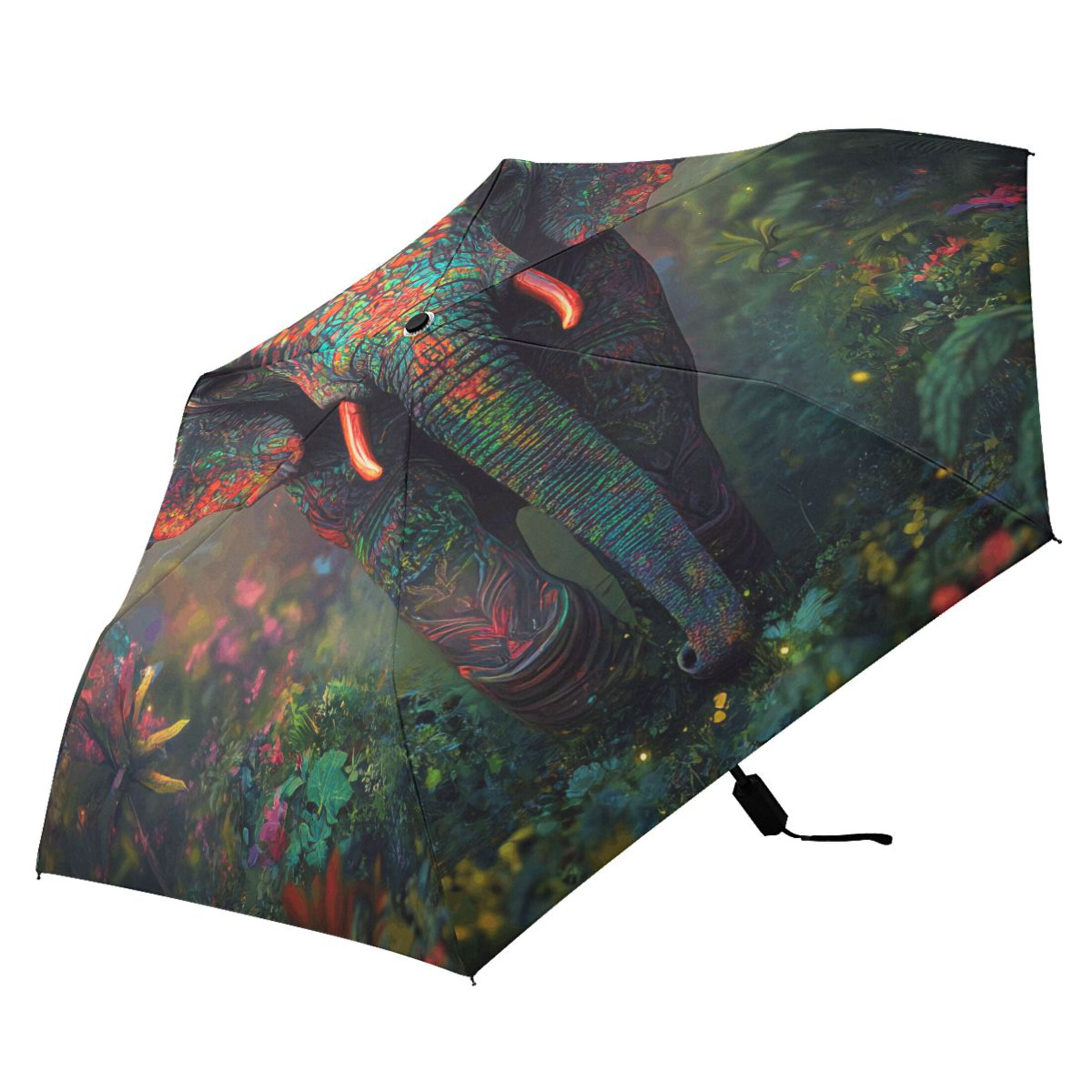 Compact Sun Umbrella Windproof Travel Umbrellas for Rain Strong Portable UV Protection Vibrant Elephant in Forest
