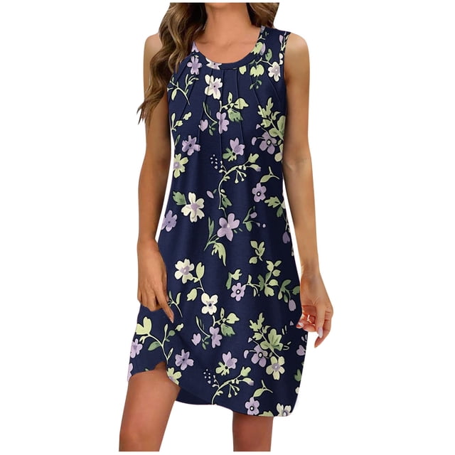 Girls Summer Dress,Ladies Summer Printed Sleeveless Round Neck Pleated Dress