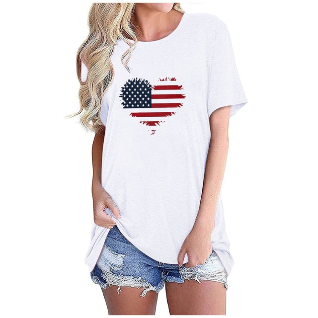 Tops Cortos para Mujeres Bandera de Moda Impresa Cuello Redondo, Camiseta de Manga 3/4 para Uso Diario, Casero Y Cómodo