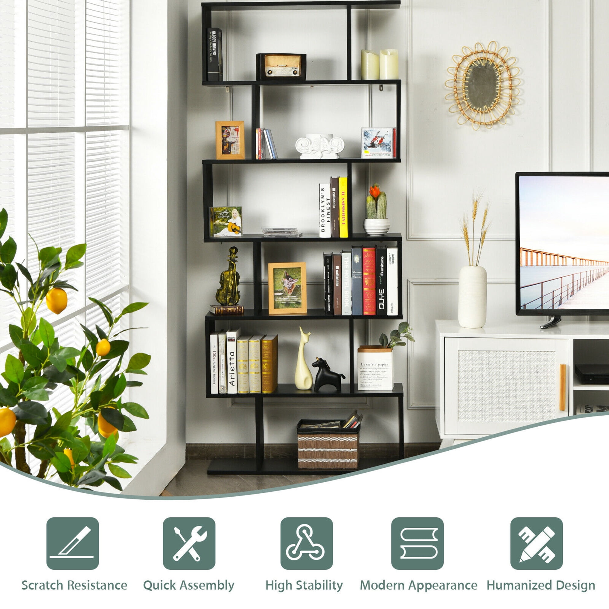 Gymax S-Shaped 6 Tier Bookcase, Black