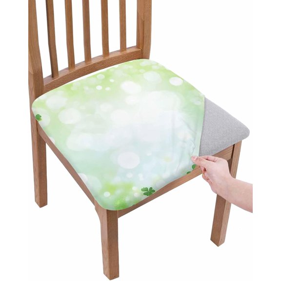 St. Patricks Day Chair Seat Covers Set of 6, Green Shamrock Clovers Removable Chair Slipcovers Spring Spot Fantasy Stretchable Seat Protector for Kitchen, Dining Room, Office