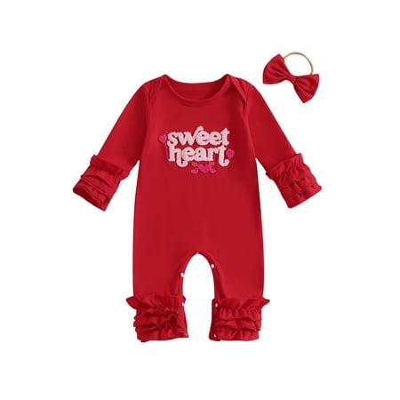 

NZNDSHD Baby Girl Valentine s Day Romper Heart Letter Embroidery Long Sleeve Full Length Jumpsuit with Bow Headband