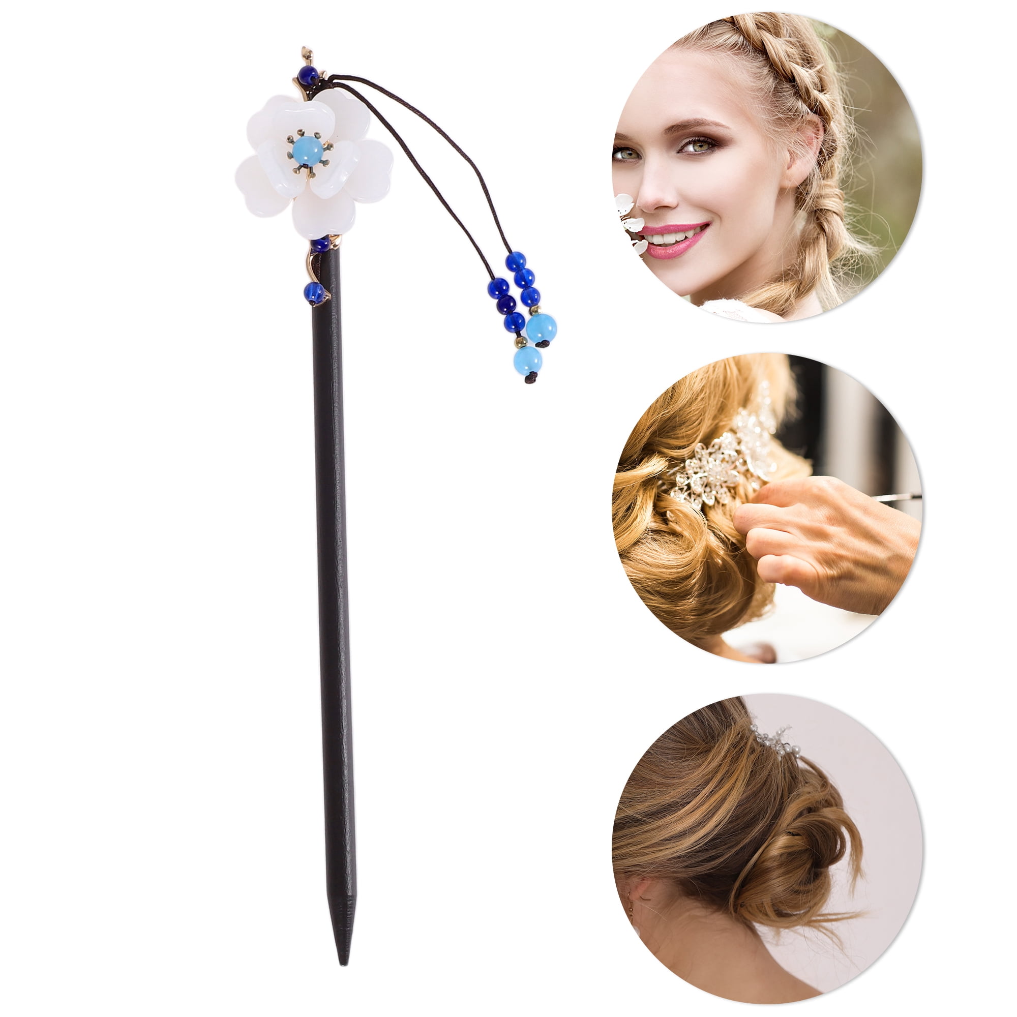 Unique Bargains Hair Chopstick for Women Black Blue White 1 Pc [Flower Tassel] 2.76"