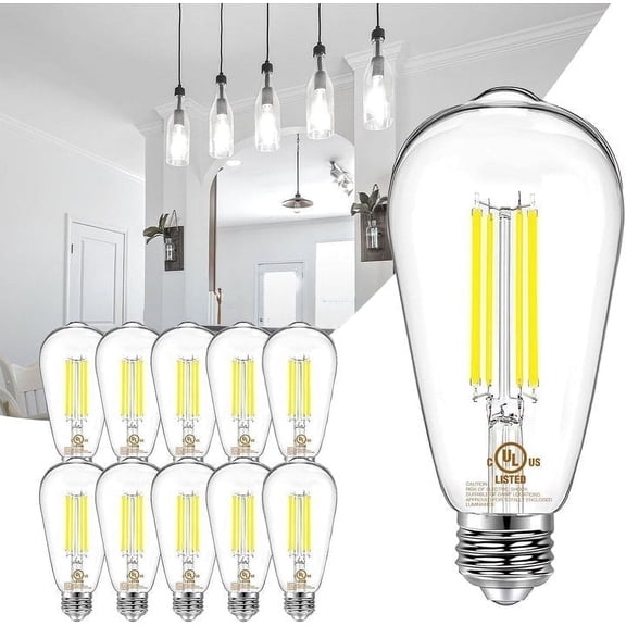 Hyrion 10 Pack Led Light Bulbs, 60W Equivalent, 5000K, 800LM, 80  CRI, ST58 Antique Filament Bulbs, Dimmable, for Bedroom