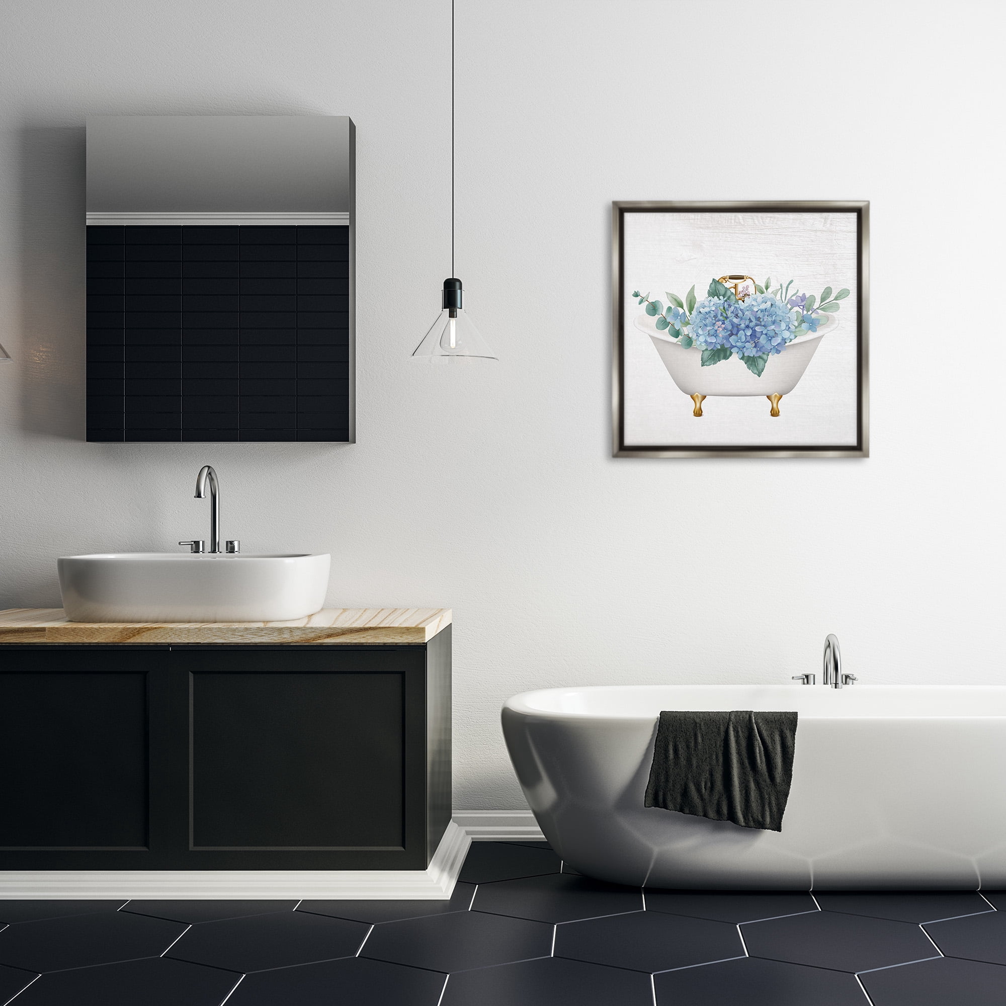 Stupell Industries Chic Bathtub with Hydrangea Blossoms Botanical & Floral Painting Gray Floater Framed Canvas Art Print Wall Art, 25 x 25