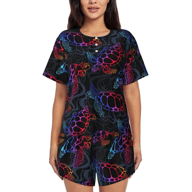 Fotbe Sea Turtle Conjunto de Pijama Estampado para Mujer, 2 Piezas, Ropa de Dormir con Camiseta de Manga Corta y Shorts Suaves-Medium