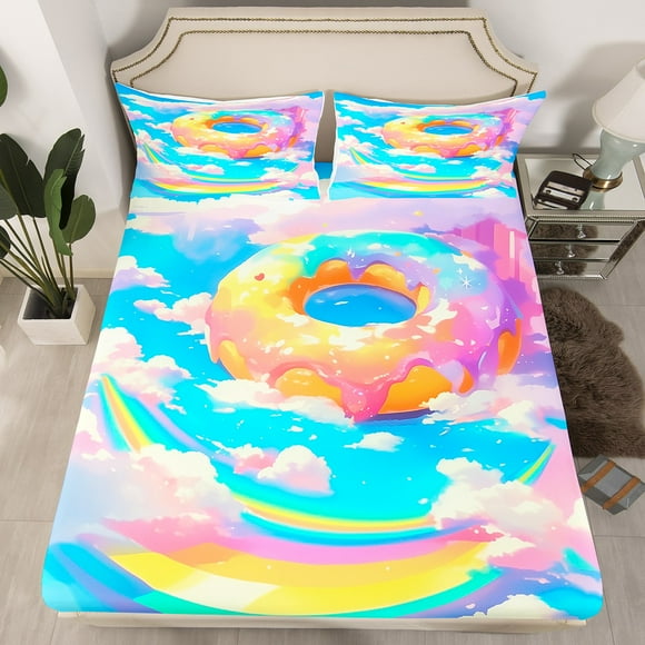 Sweet Donuts Fitted Sheet Kawaii Doughnut Cream Full Bedding Set For Kids Girls Teen,Colorful Rainbow Bed Sheets Cute Girly Dessert Decor Sheets With 2 Pillow Cases（No Top Sheet）