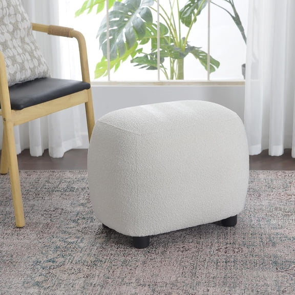 Round Boucle Upholstered Ottoman Chair, Footstool with Soft Padded Seat, Fully Assembled Modern Sofa Couch Footrest, Extra Seating for Bedroom Entryway, Beige(18.5" D x 23" W x 16.5" H)