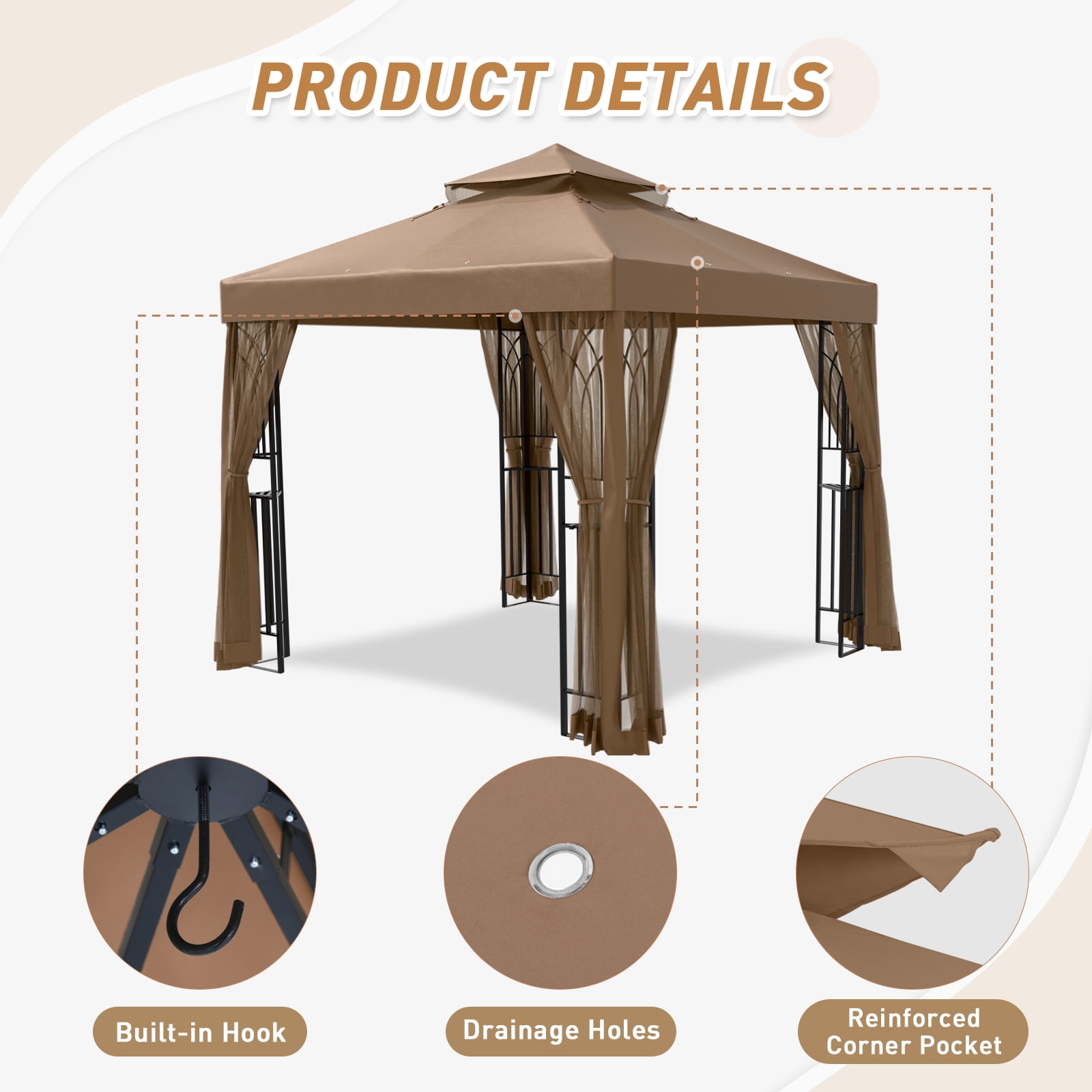 INTER HUT 8x8 Metal Patio Double Soft Roof Gazebo Outdoor Canopy Tent with Netting, Ceiling Hook, Shelves