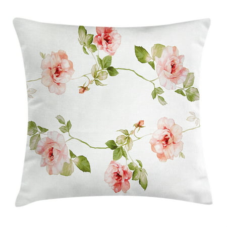 Floral Throw Pillow Cushion Cover, Romantic Rose Flower Petals Shabby Chic Kitsch Love Blooms Design, Decorative Square Accent Pillow Case, 18 X 18 Inches, Reseda Green Peach Coral, by