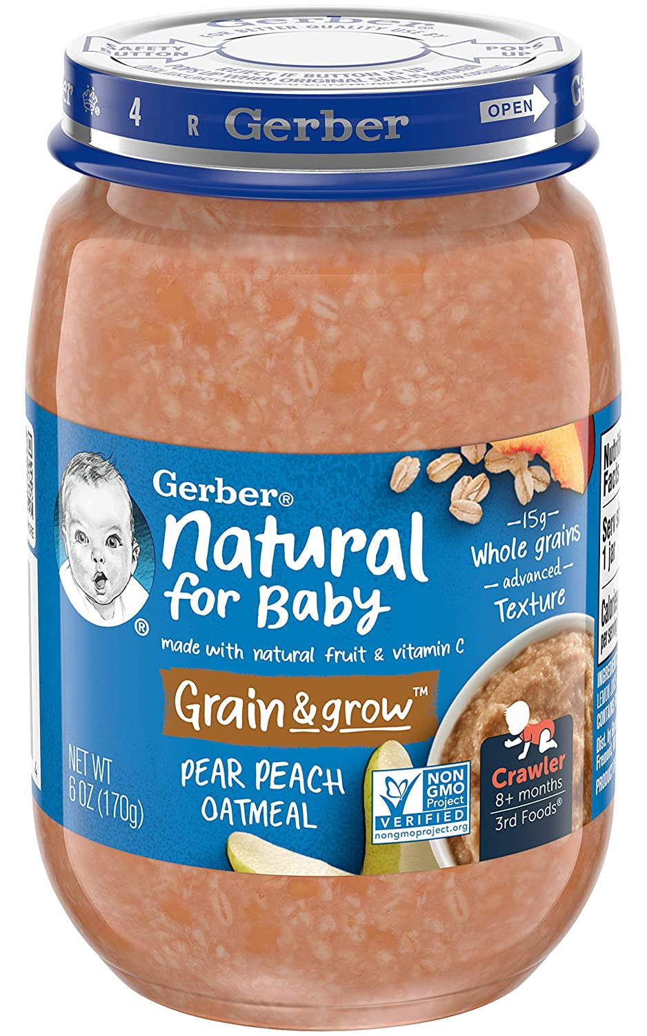 Gerber 3rd Foods Natural for Baby Grain & Grow Jar, Pear Peach Oatmeal 6 OZ, 12 Count