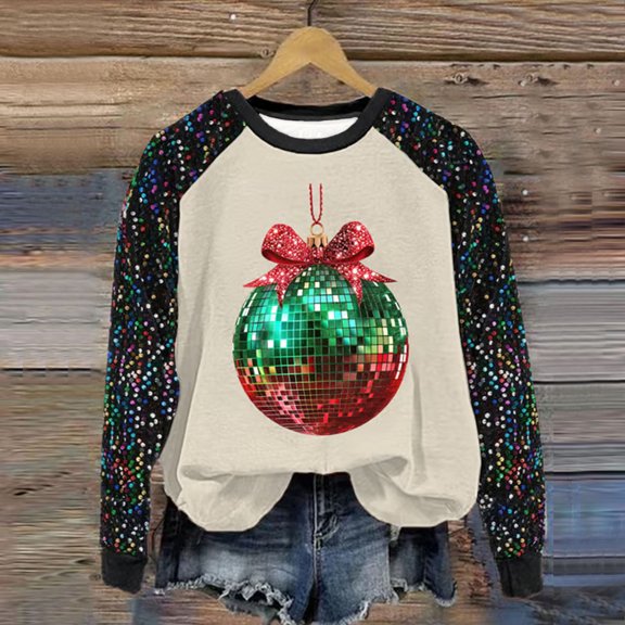 Wancir Women Cute Sweatshirt Christmas Sparkly Sequin Print Shirt Crewneck Long Sleeve Pullover Sweatshirts Tops