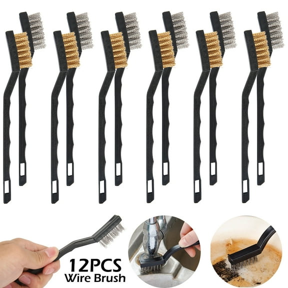 Ghojet 12 PCS Wire Brush Set Scratch Brush Set (Stainless Steel Brass), Curved Handle Masonry Brush Wire Bristle for Cleaning Welding Slag and Rust