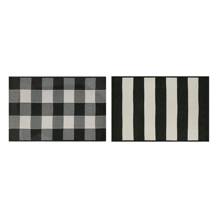 Better Homes & Gardens 2' x 3' Black & White Buffalo Plaid & Stripe Reversible Indoor/Outdoor Scatter Rug