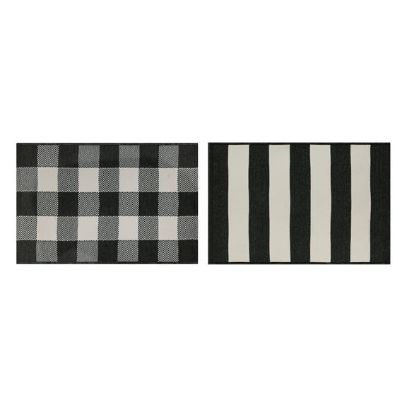 Better Homes & Gardens 2' x 3' Black & White Buffalo Plaid & Stripe Reversible Indoor/Outdoor Scatter Rug