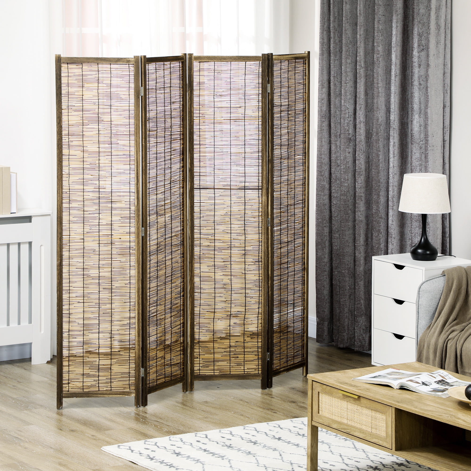 Homcom 4 Panel Room Divider,5.5 Ft Portable Folding Privacy Screens,Reed Hand-Woven Freestanding Partition Wall Dividers for Home Office,Carbonized,Brown Bamboo Household Supplies Décor Privacy
