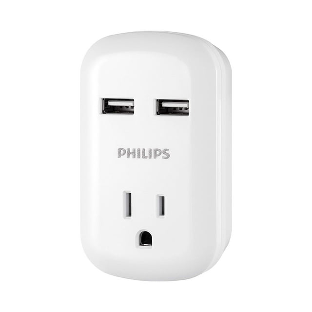 Extensor de enchufe Philips SPP1201WA/37 con 2 puertos USB de 2,1 A, color blanco