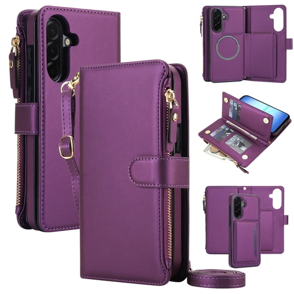 TECH CIRCLE Detachable Zipper Wallet Case for Samsung Galaxy A37 5G,Magnetic Leather Case Card Slots Case Compatible with Mag Safe Kickstand Removable Cover with Wrist/Shoulder Strap,Dark Purple
