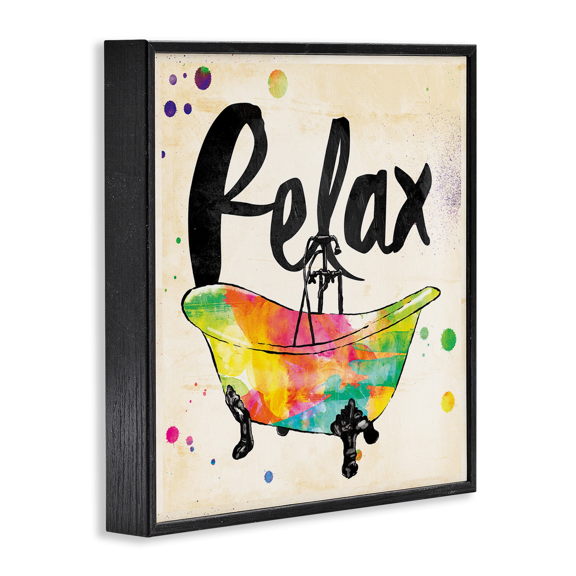 Stupell Industries Relax Rainbow Colors Icon Bath Typography Painting Black Framed Art Print Wall Art, 12 x 12