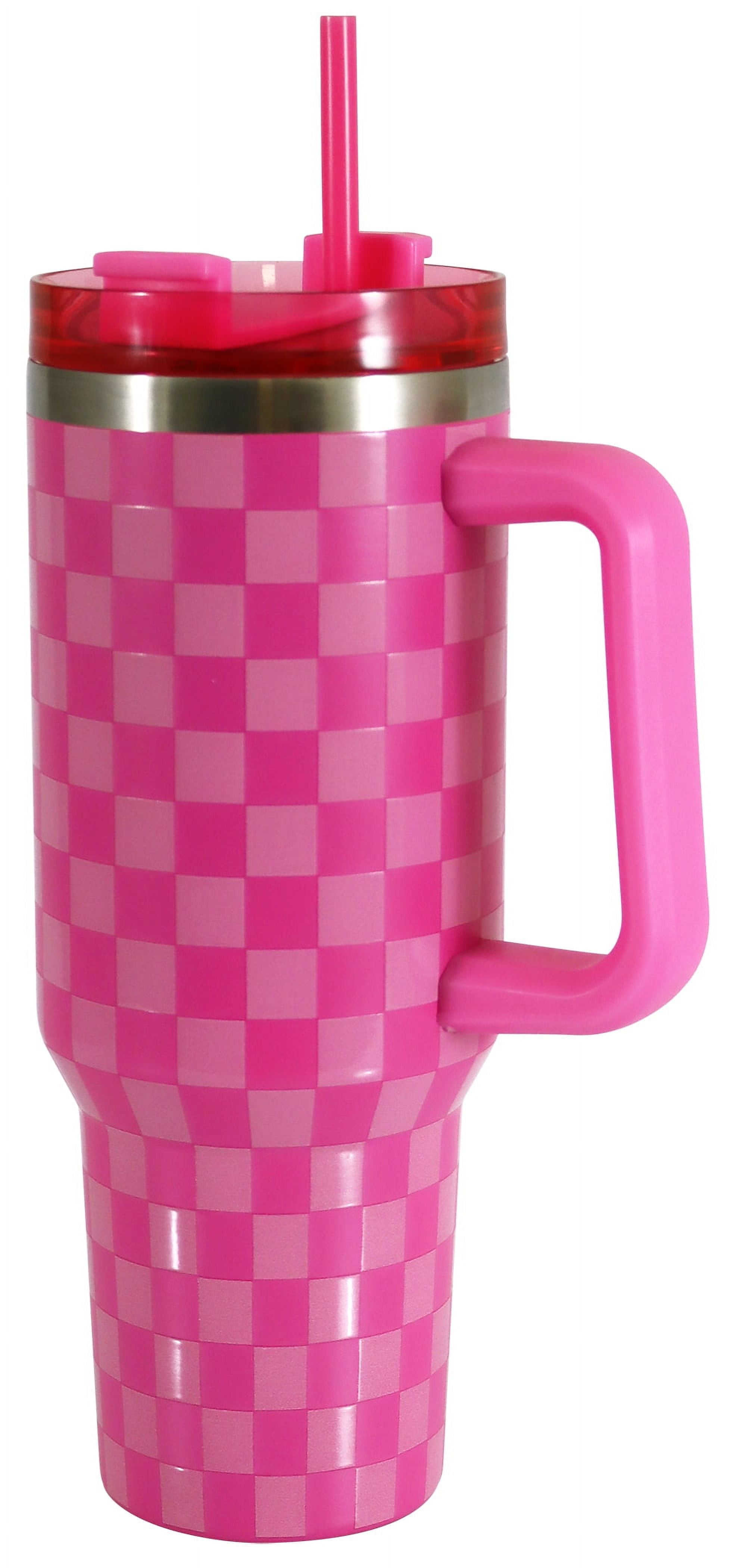 Mainstays 40 oz Stainless Steel Tumbler with Straw and Handle, Double Wall Insulated, Pink Check