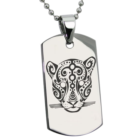 Stainless Steel Mayan Jaguar Rune Engraved Dog Tag Pendant Necklace