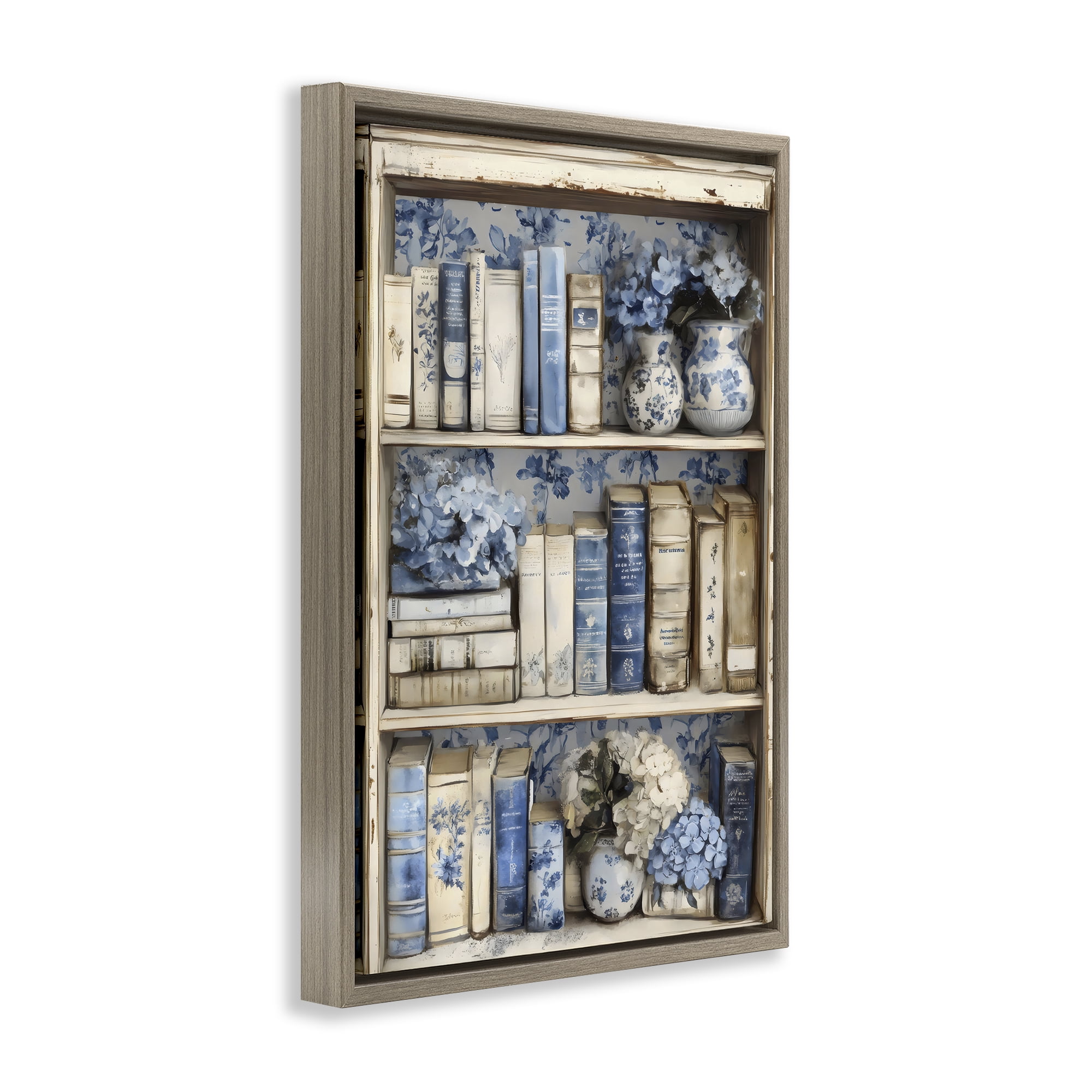 Stupell Industries Blue & Beige Bookcase Brown Framed Floater Canvas Wall Art, design by LSR Design Studio