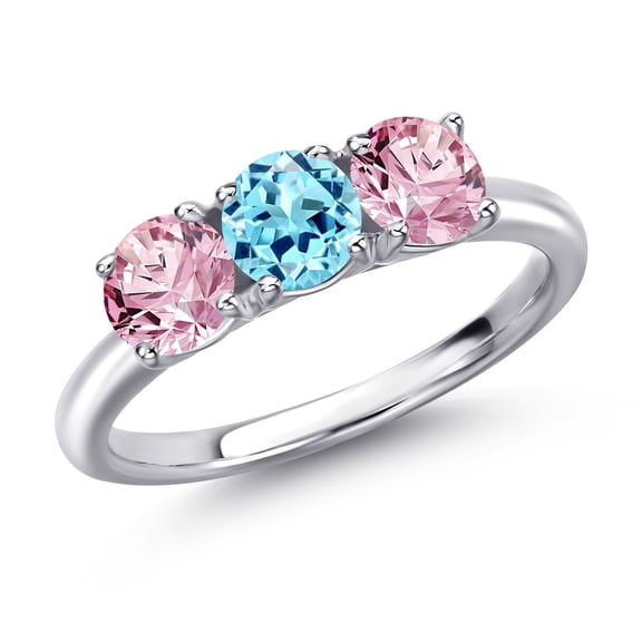 Gem Stone King 925 Sterling Silver Blue Apatite and Pink Lab Grown Diamond Engagement Ring for Women | 1.50 Cttw | Round 5MM | Gemstone Birthstone | Size 5