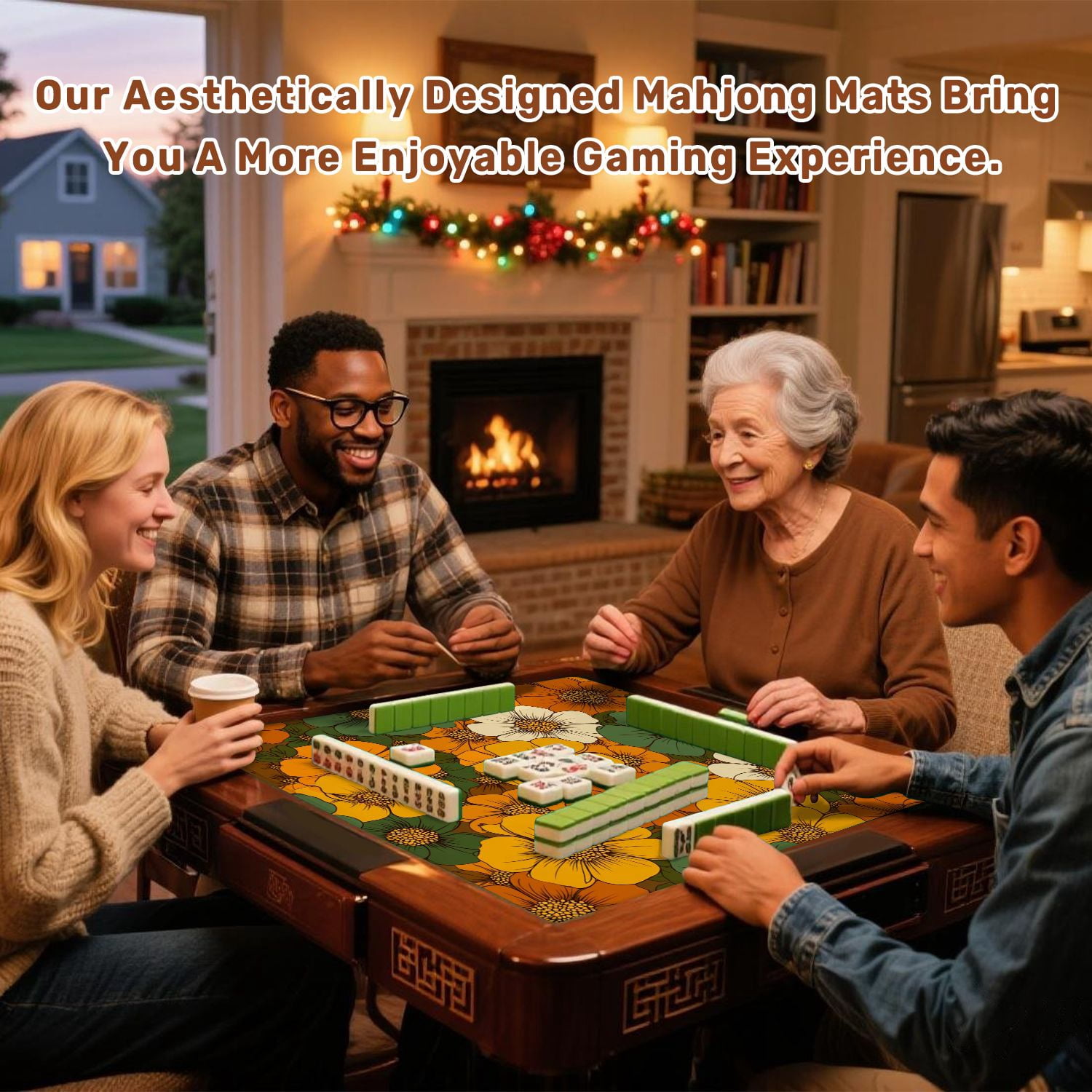 Mahjong Mat 31.5" x 31.5" Colorful Large Scale Hand Drawn Floral Seamless Retro Non-Slip Noise Reduction American Mahjong Tiles Table Cover for Dominoes Poker Card Board Games Gift