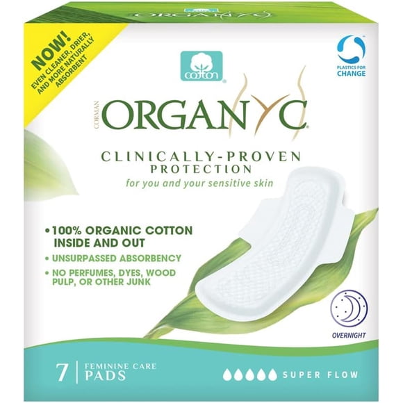 Organyc Nouvelle Version de Serviettes de Nuit en Coton Biologique Certifié à 100 %, Flux le Plus Abondant, Super Absorbance 2.0, 7 Unités