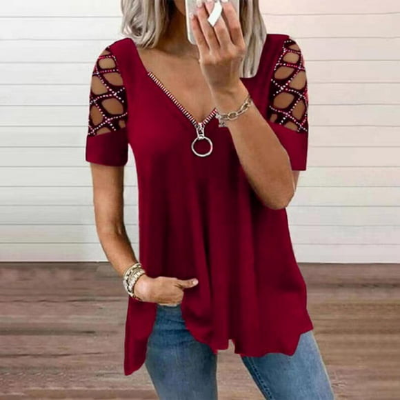 DondPO Tshirts Shirts for Women Short Sleeve Shirts Zipper Top Sexy Color Rhinestone Sleeve Solid Short V Neck Ladies Women's Blouse Womens Tops Sexy Tops Wine XL
