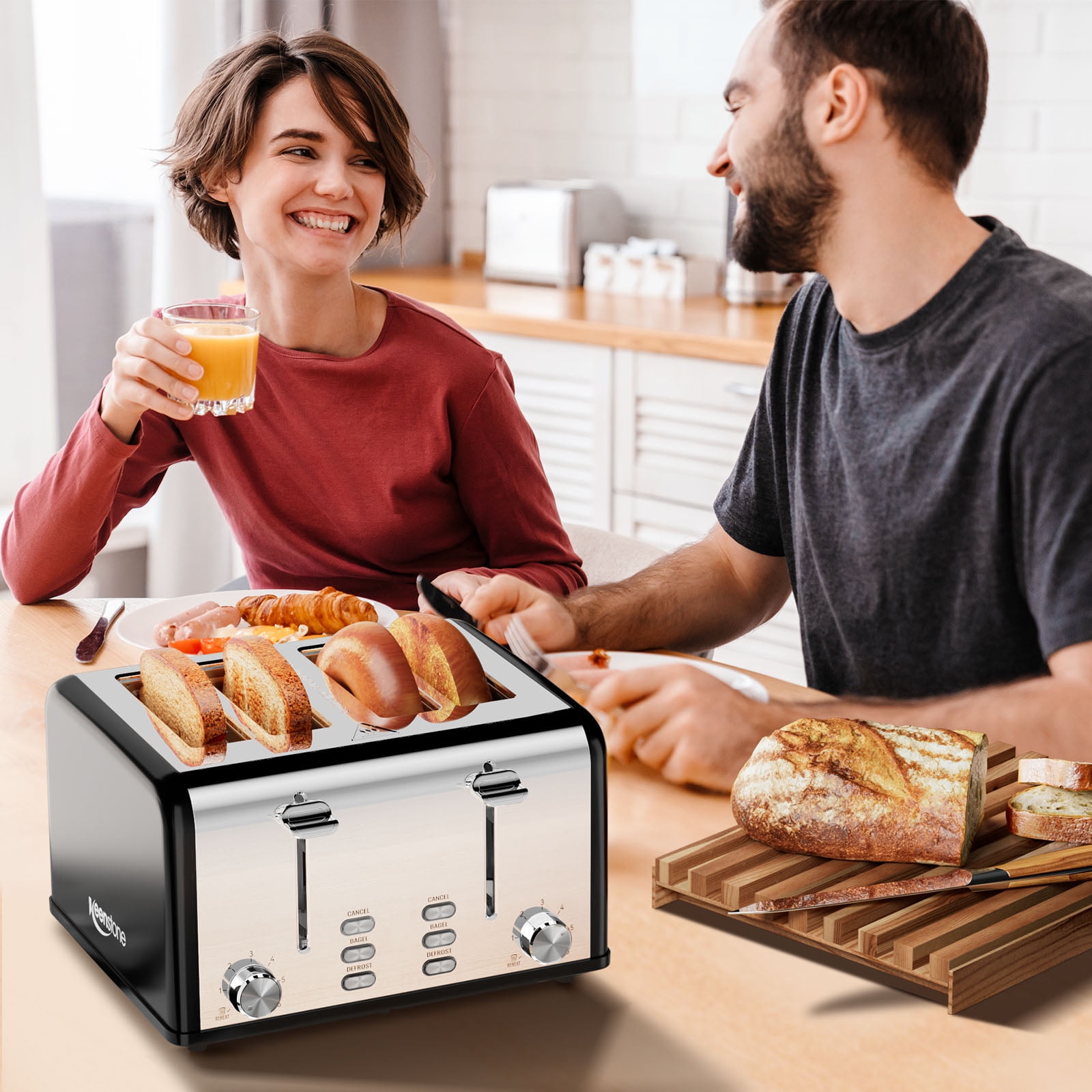 Keenstone Toaster 4 Slice, Stainless Steel Toasters with Timer, Wide Slot,  Bagel/Defrost/Cancel Fuction, Removable Crumb Tray, sliver black